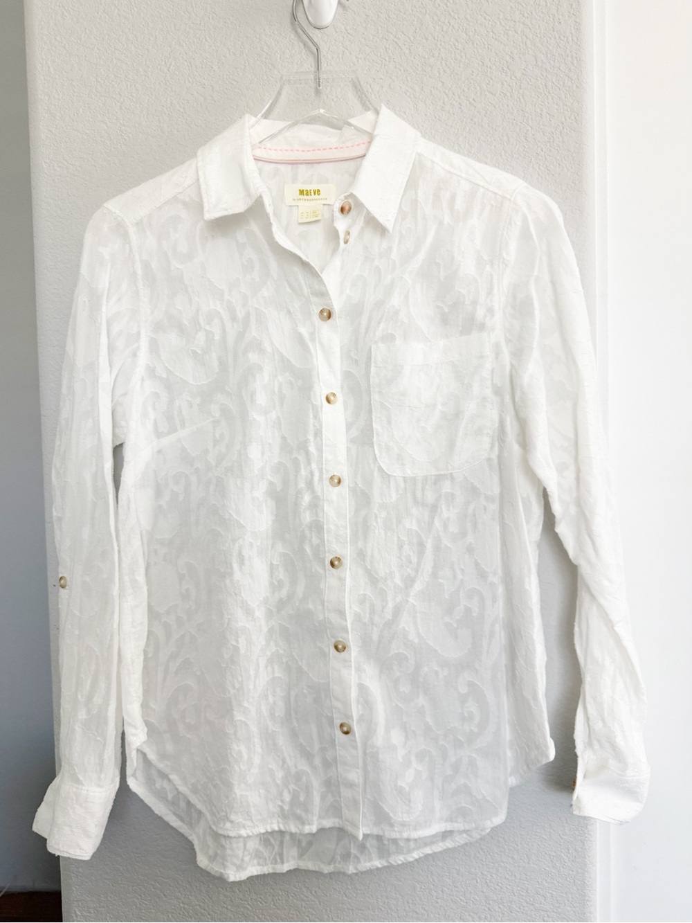 Anthropologie Maeve Classic Slim White Buttondown Shirt with Floral Jacquard - Picture 2 of 9